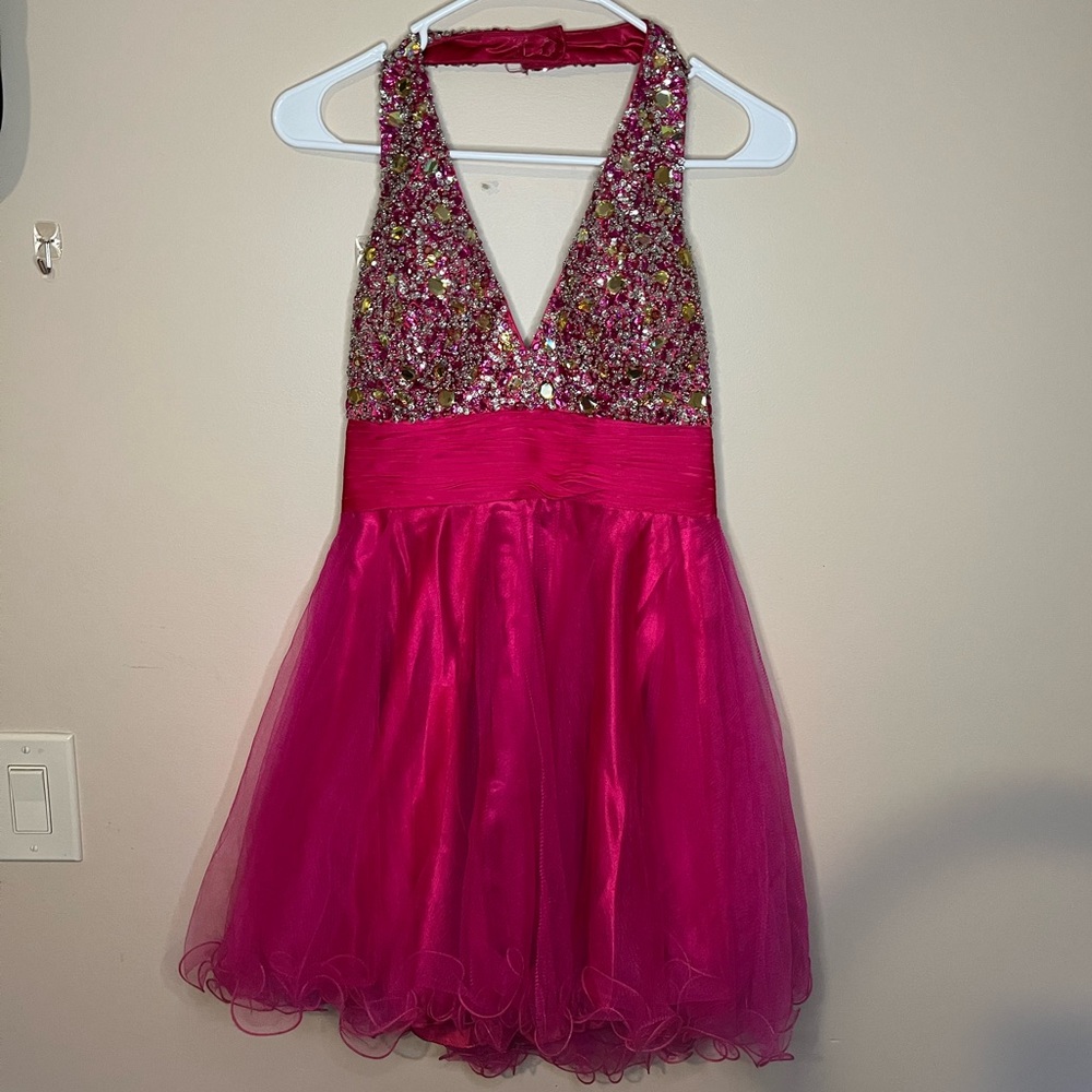 David & Johnny short halter top hot pink dress